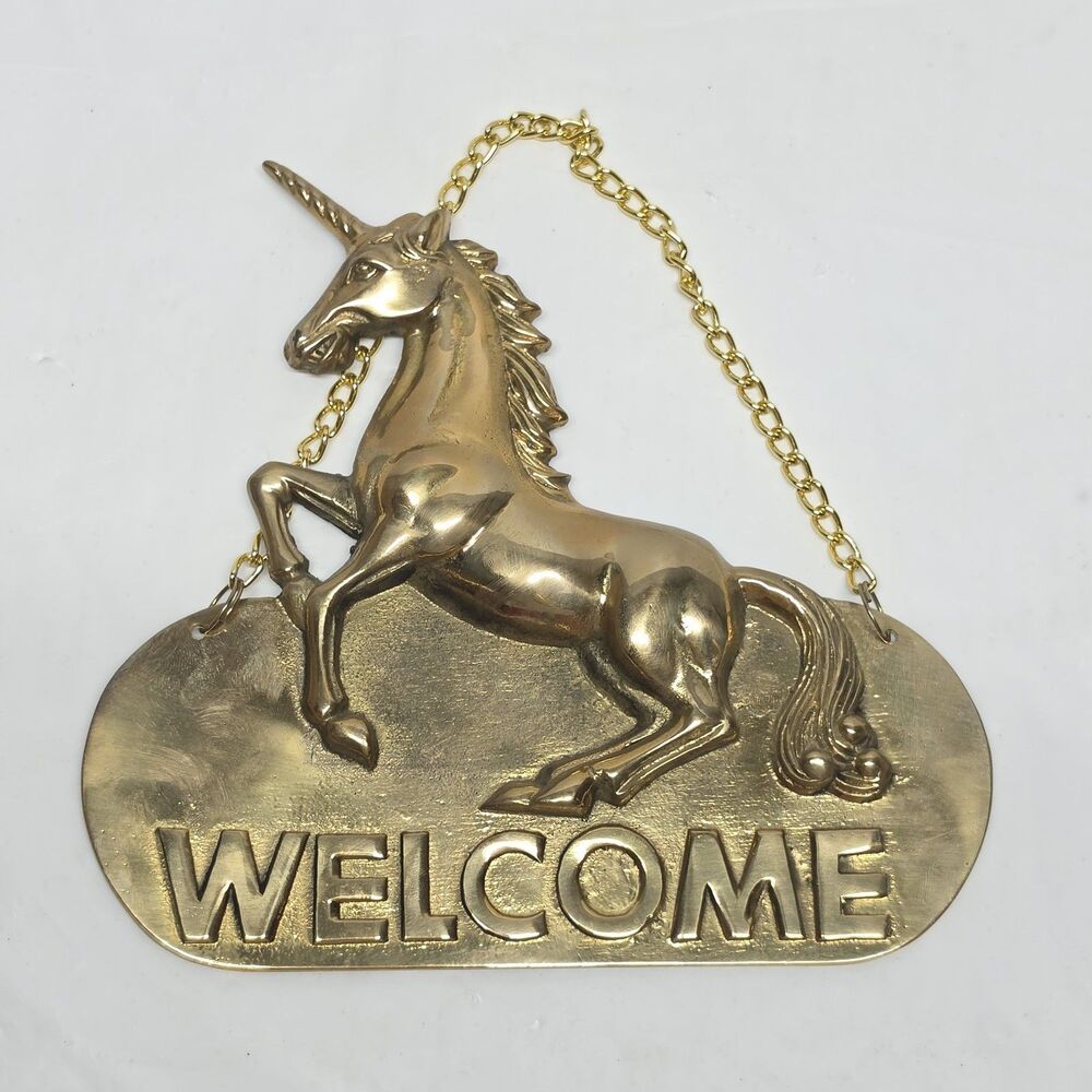 Vintage Brass Metal Hanging Unicorn Welcome Sign Plaque Wall Or Front Door Decor
